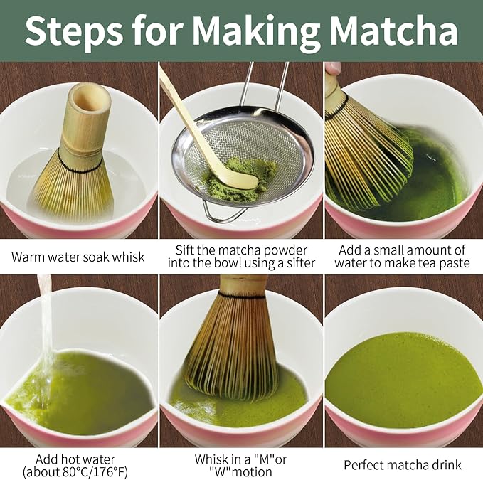 Matcha Whisk Set, 7-Pcs Matcha Set Includes Gradient Ceramic Matcha Bowl and Chasen Holder, Bamboo Whisk, Stainless Sifter, Teaspoon, Tea Towel, Spoon, Matcha Kit for Tea Lovers (Pink)
