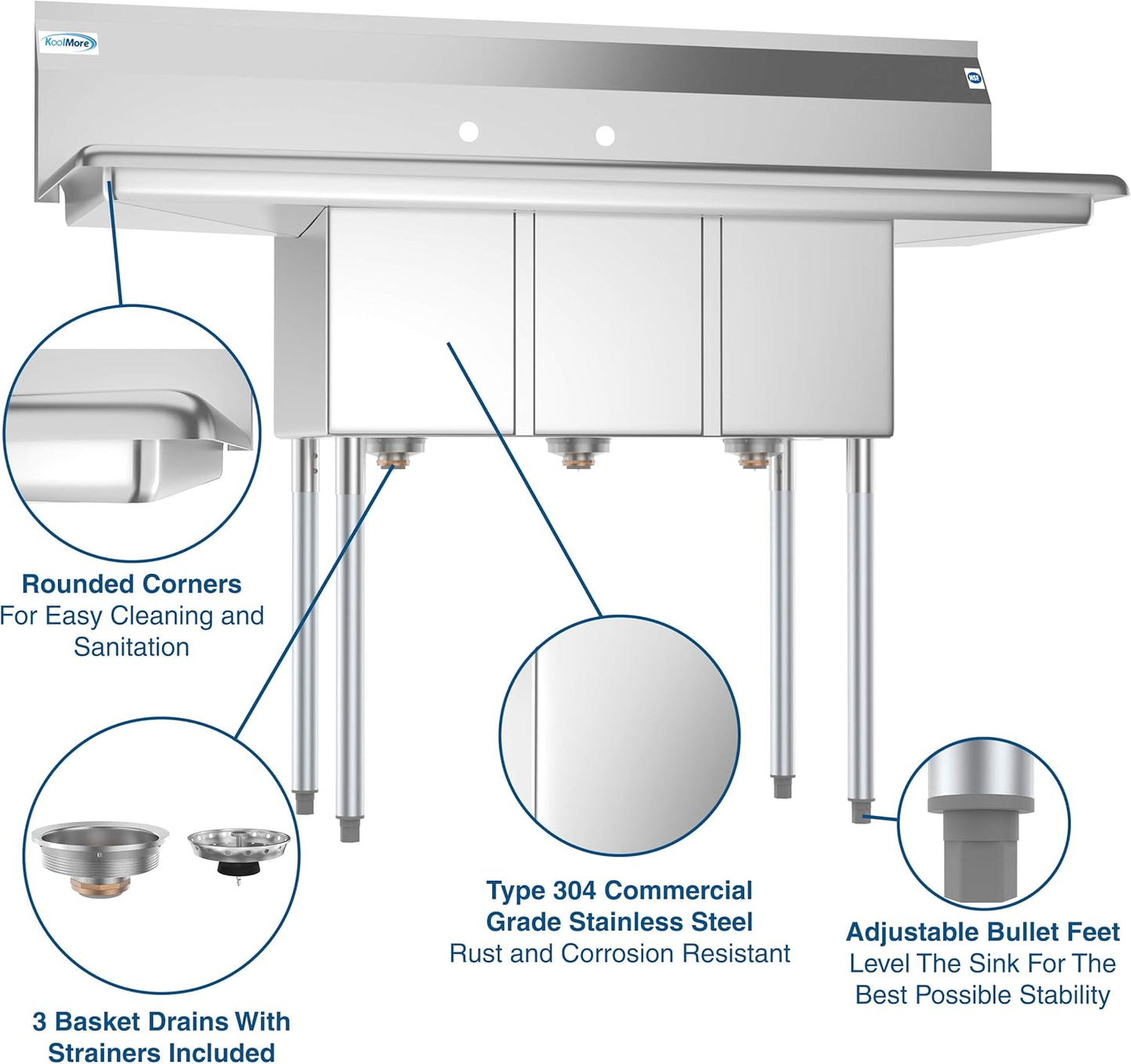 KoolMore - SC101410-12B3 3 Compartment Stainless Steel NSF Commercial Kitchen Sink with Right and Left Drainboards - Bowl Size 10" x 14" x 10", Silver