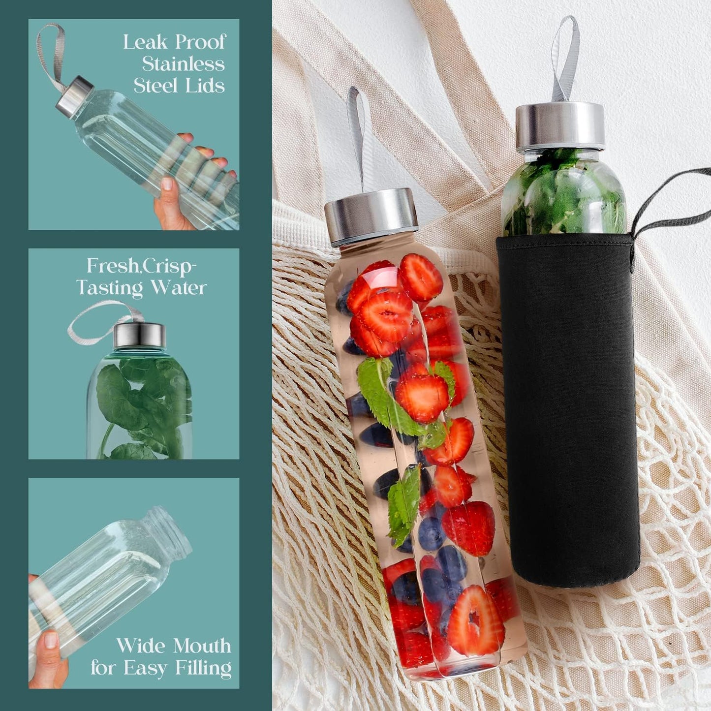 32 oz Glass Water Bottle Set of 12 - Glass Water Bottles Caps & Sleeve, Reusable Glass Bottle Lids, Clear Glass Bottles, Refillable Glass Juice Bottles for Juicing, Juicer Bottles