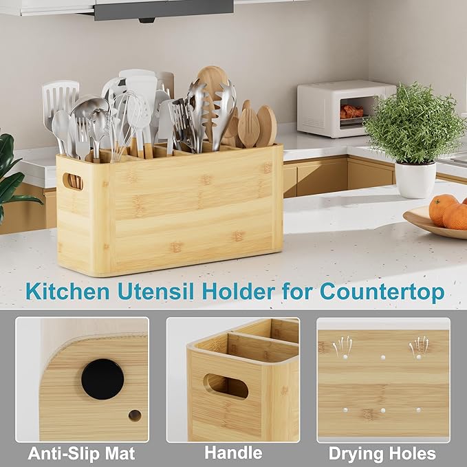 Bamboo Utensil Holder for Kitchen Counter, Extra Large Utensil Organizer for Countertop with 4 Compartments, Cooking Utensil Holder for Spatula Kitchen Storage