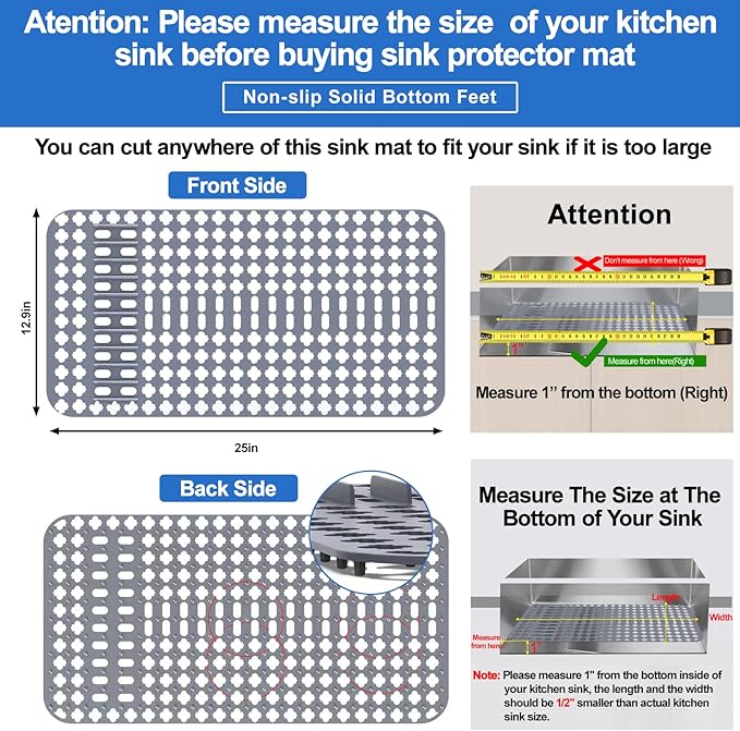ARLBA Upgraded Silicone Kitchen Sink Mat 25"x13"，Sink Protectors for Kitchen Sink with Rear Drain/Center Drain,Sink Bottom Grid Protection Sink Rack For Farmhouse Stainless Steel/Porcelain Sink