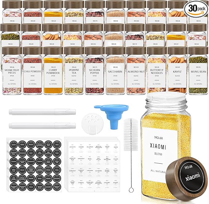 ZEHIQ 30Pcs 4oz Square Glass Spice Jars with Moisture-Proof Acacia Wood Lids, Food-Grade Seasoning Containers with Shaker Lids, 348 Labels, Markers, Funnel & Brush for Pantry Cabinet Drawer Storage