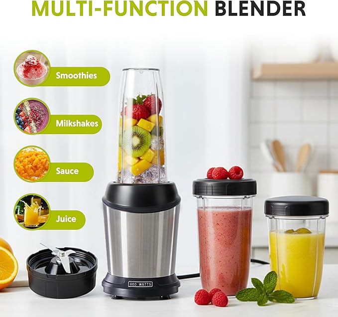 Simple Deluxe Personal Smoothie Blender, 800W Blenders for Shakes and Smoothies with 3 BPA-Free Portable Cups Countertop Blenders for Ice Crushing, Frozen Drinks, Milkshake, Juice, Silver