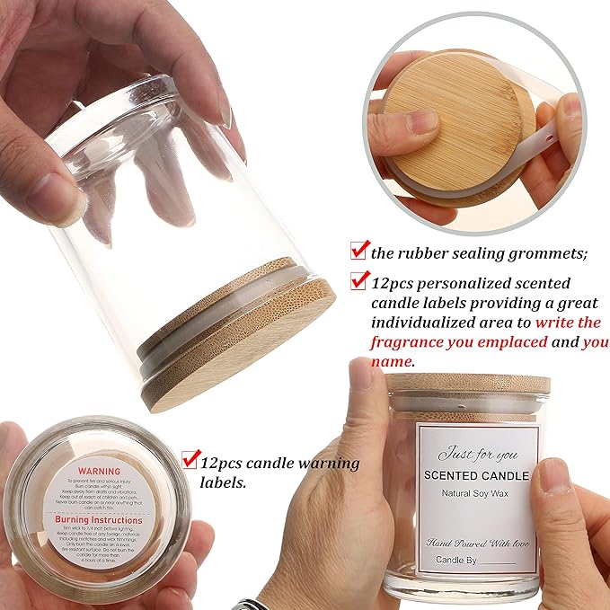 MILIVIXAY 12 Pack 7 OZ Clear Glass Candle Jars with Lids and Candle Making Kits - Bulk Empty Candle Jars for Making Candles - Spice, Powder Containers.