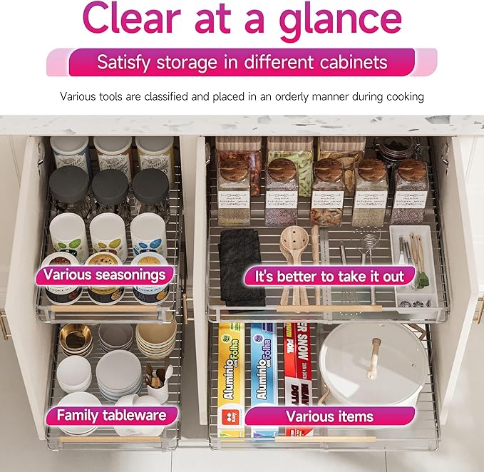 SUZLON Pull Out Cabinet Organizer, Expandable(20.9"~37.9") Cabinet Drawers Slide Out, Adjustable Width Roll 0ut Shelf Cabinet Organizer for Kitchen Base Cabinet Organization (X-Large, 1Pack)
