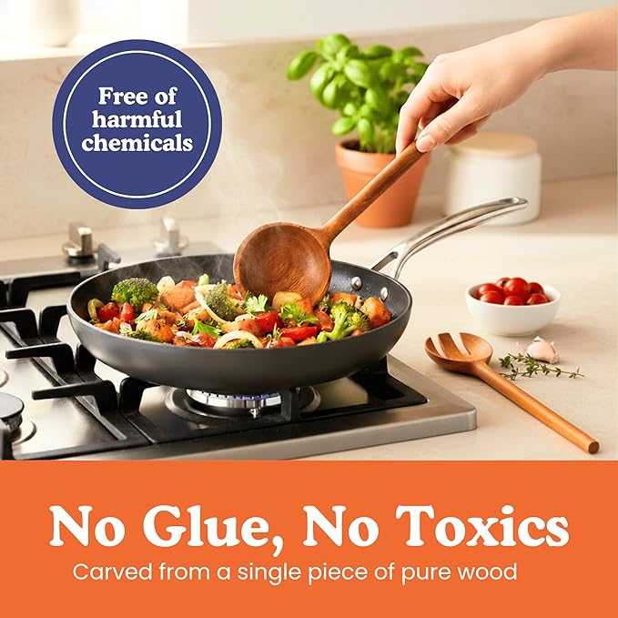 Non-Toxic Cooking Utensils – 6-Piece Kitchen Utensils Set, Glue-Free & One-Piece Wooden Spoons for Cooking, Natural Wooden Utensil Set with Plant-Based Finish, Free of Forever Chemicals