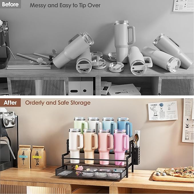 Water Bottle Organizer for Full Stanley 40 oz Tumbler with Handle, 2 Tier Tumbler Organizer for 8 Cups, Kitchen Pantry Organizers and Storage for Owala Stanley Cup Accessories, Brown