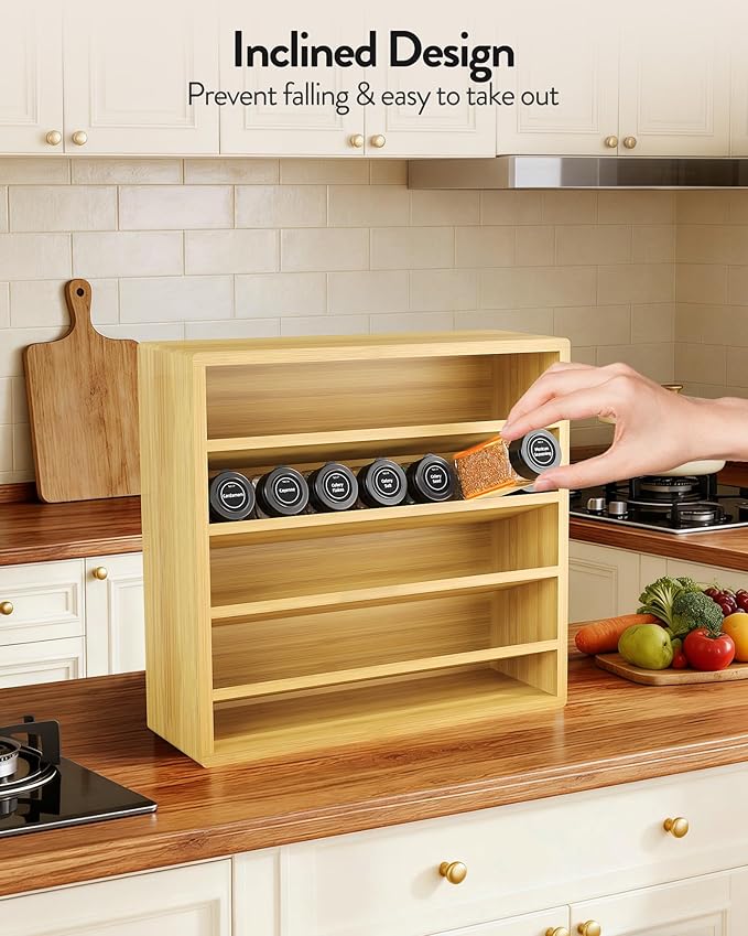 Orimade 4 Tier Spice Rack Organizer for Cabinet with 28 Plastic Spice Jars, Freestanding Bamboo Seasoning Rack for Countertop, Cupboard, Pantry, Kitchen, 13.18 x 4.13 x 12.2 inches