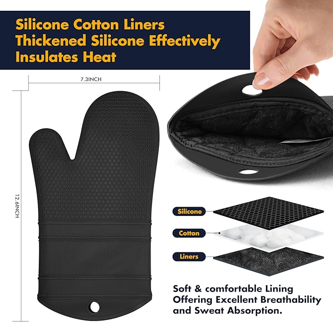 1 Pair Oven Mitts,Silicone Oven Mitts,Long Cooking Gloves,Heat Resistant Oven Gloves Grill BBQ Gloves,Kitchen Home Essentials,12.9"*7.48" Black Mitt