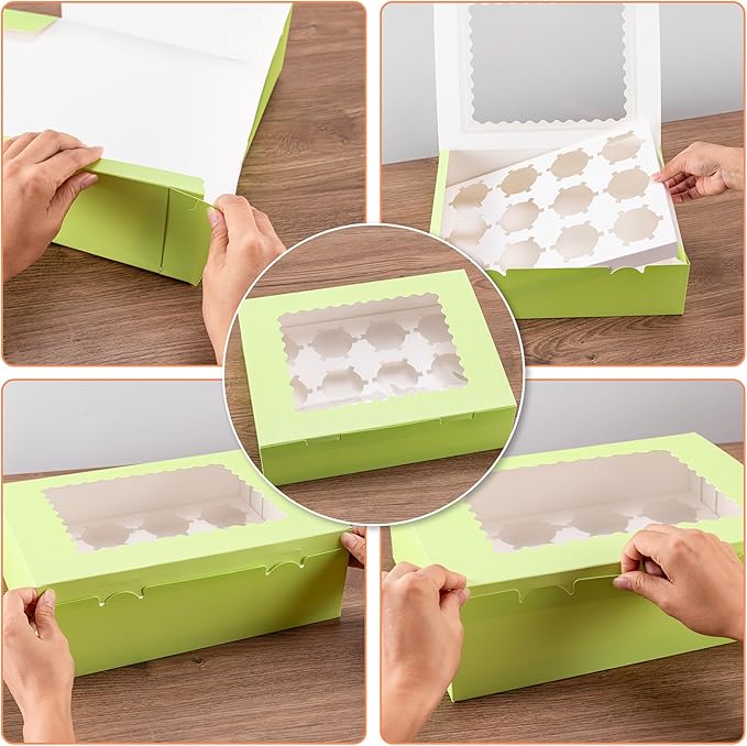 Hoewina 6PCS Cupcake Boxes - Hold 12 Count Cupcake Containers with Window, Food Grade Cupcake Holder Easy Transport and Presentation - Ideal for Cupcakes, Desserts, and More (Light Green)