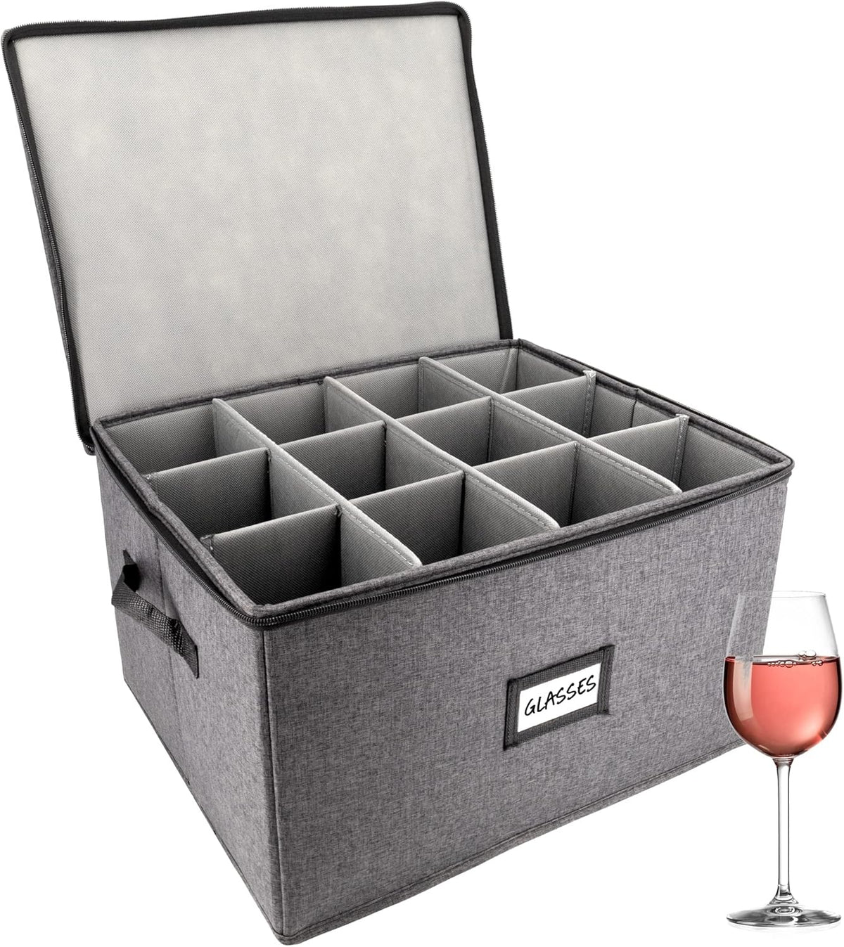 HOMELUX THEORY Wine Glass Storage Box with Dividers, Hard Shell China Storage Containers, Heavy Duty Glassware Storage Box & Stemware Storage Container with Lid, Thick Surface, and Sturdy Handle