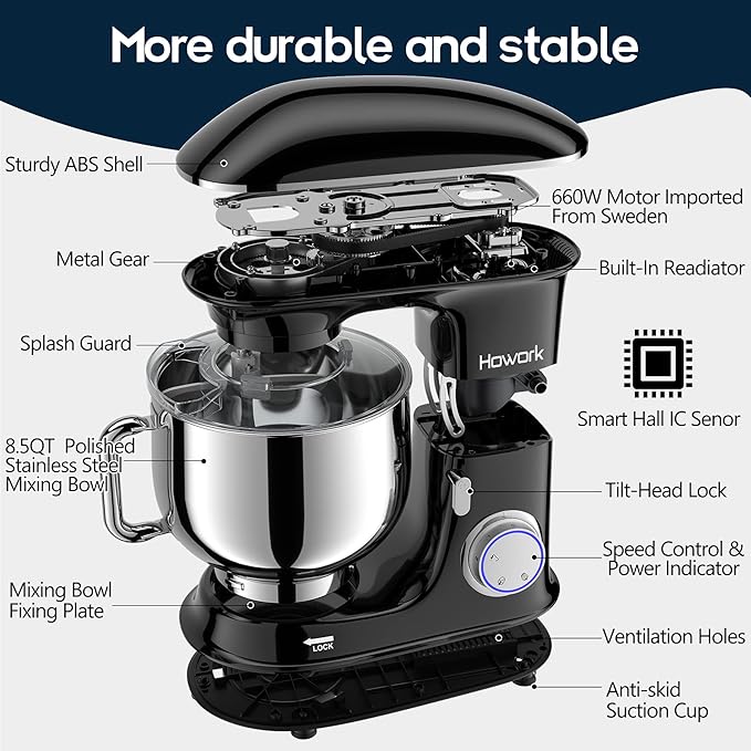 HOWORK 8.5QT Stand Mixer, 660W 6+P Speed Tilt-Head, Electric Kitchen Mixer With Dishwasher-Safe Dough Hook, Beater, Wire Whip & Pouring Shield (8.5 QT, Black)