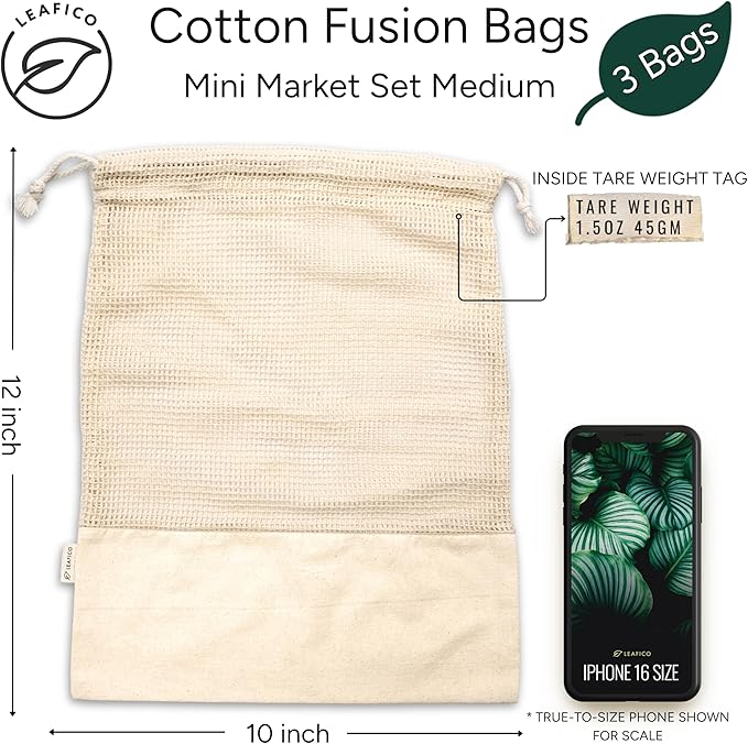 LEAFICO Reusable Produce Bags – 100% Cotton Mesh & Solid Hybrid (Medium 10x12 inch 3 Pcs) – Grocery Storage Bags for Fruit, Vegetables, Bulk Food – Washable, Plastic-Free, Breathable, Zero Waste