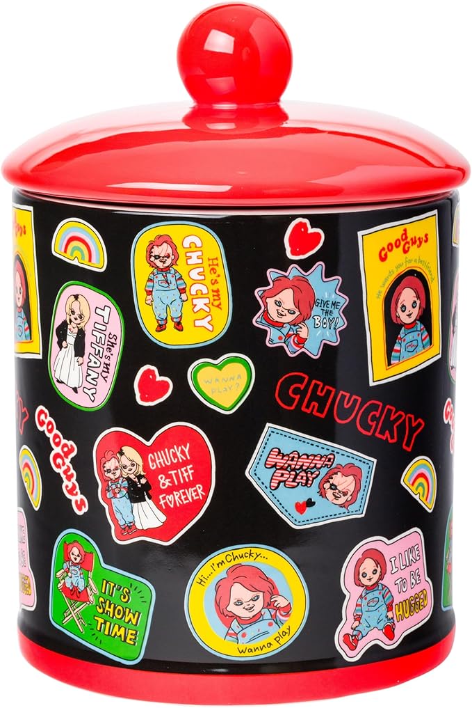 Silver Buffalo Chucky and Tiffany Sticker and Badges Pattern Ceramic Cookie Snack Jar (Large)