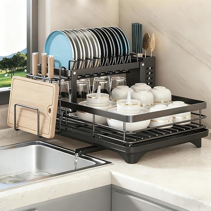 Dish Drying Rack 2-Tier Auto Draining Dish Drying Rack for Kitchen Counter & Sink - Large Capacity Detachable Stainless Steel Organizer with Drainboard & Utensil Holder (Black)，Chaos Coordinator Gifts