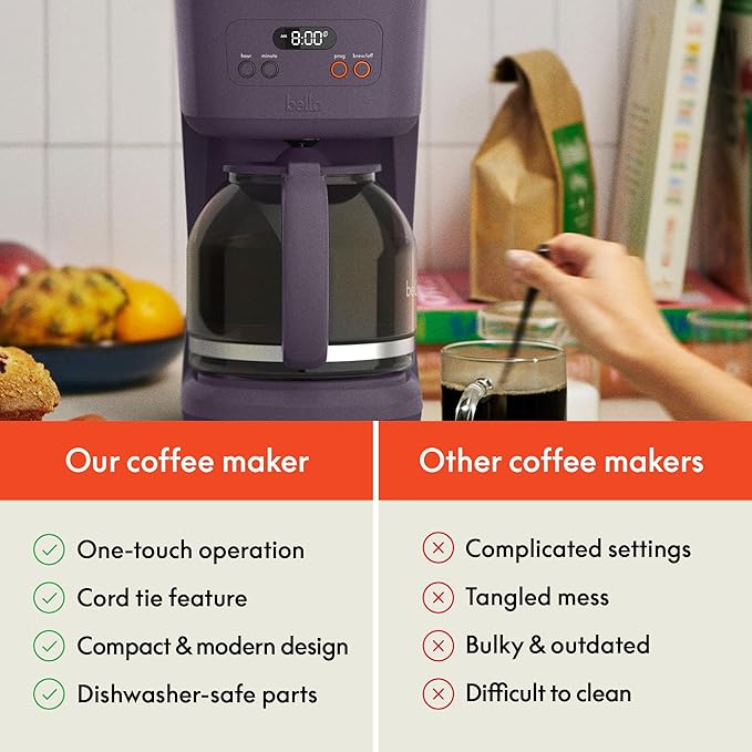 bella 12 Cup Programmable Coffee Marker, Reusable Dishwasher Safe Accessories, Easy LCD diaply, Auto Shutoff, 900 watt, Plum