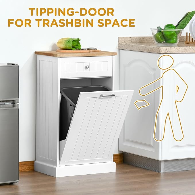 HOMCOM 10 Gallon Tilt Out Trash Cabinet, Wooden Hidden Trash Can with Storage Drawer for Kitchen, Laundry Hamper Cabinet for Bathroom, White