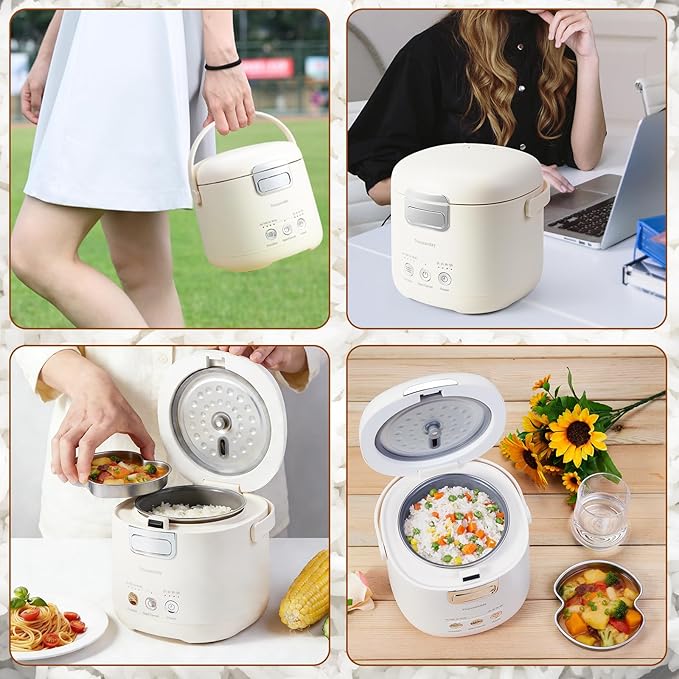 Small Rice Cooker, Mini Rice Cooker 2 Cup Uncooked(4 Cup Cooked), Portable Non-stick Electric Rice Maker, for Dorm Travel Office 1-2 Person, 12 Hours Timer Delay & Keep Warm, Beige