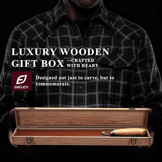Emojoy Damascus Brisket Slicing Knife, 12" Carving Knife with Japanese Steel, Olive Wood Handle, Luxury Wooden Gift Box, Razor Sharp for Meat & Turkey