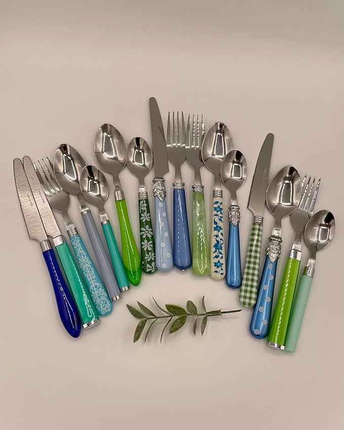 The Original Brink House Eclectic Blue Green Mix & Match Stainless Steel Cutlery Set / 16 pieces with Metal Stand/Lifestyle utensils set for home, first apartment, dorm, dinner parties