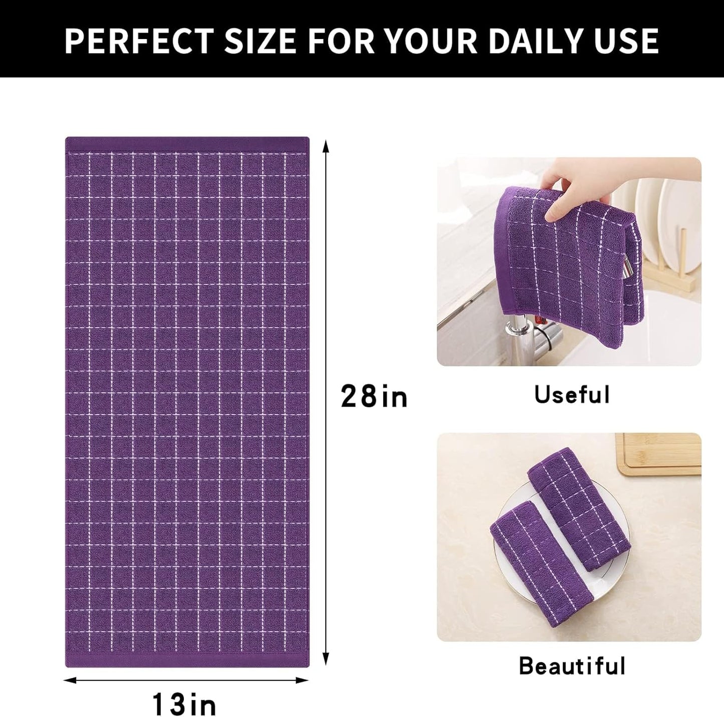 Homaxy 100% Cotton Terry Kitchen Towels(Purple, 13 x 28 inches), Checkered Designed, Soft and Super Absorbent Dish Towels, 6 Pack