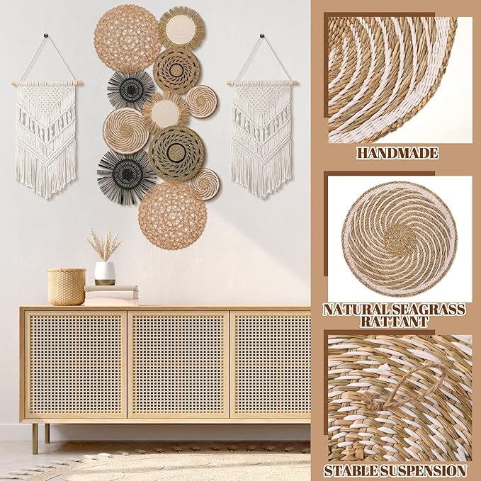 Tatuo 11 Pcs Boho Wall Basket Decor Bulrush Woven Wall Hanging Art Round Farmhouse Rustic Handmade Wicker for Summer Home, Bedroom, Living Room, Kitchen Decorations, Multi Sizes(Flower)