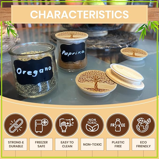 Oui Yogurt Jar Lids – Choose a Design, 4-24 Pieces, Bamboo, Silicone, or Stainless Steel | Tops That Fit Yoplait Oui Glass Jars | Bamboo Oui Jar Covers | Oui Yogurt Storage Lids - Tree of Life 4 pack
