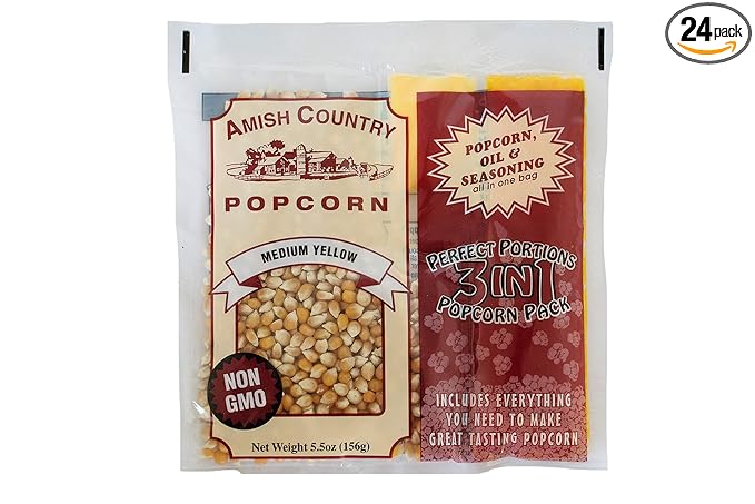 Amish Country Popcorn | All-In-One Medium Yellow Kernel Popcorn Packs | Pre-Measured for Popcorn Machines and Includes Hulless Popcorn, Oil & Salt (5.5 ounce, Pack of 24)