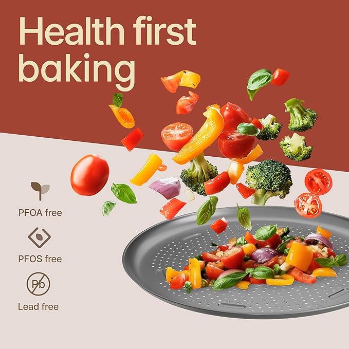Bakken 16 Inch Non-Stick Pizza Pan 1 Pack, Round Carbon Steel Pizza Tray with Perforated Holes, PFOA, PFOS, & PTFE-Free, Dishwasher & Oven Safe Up To 450°F, Durable Nonstick Coating, Silver