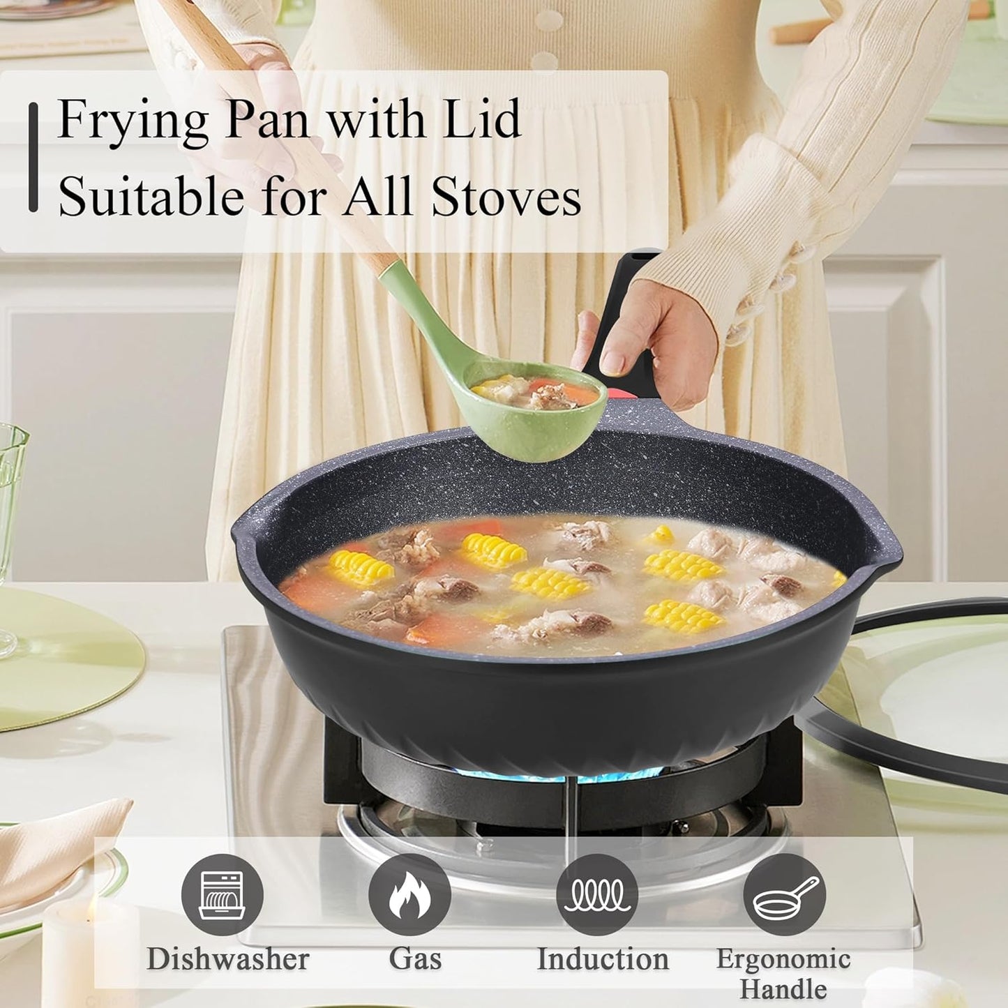 Vinchef Nonstick Skillet with Lid, 12.5In Aluminum Deep Frying/Saute Pan with Lid and Heat Indicator, Anti Scratch and Anti Stain, Induction Compatible