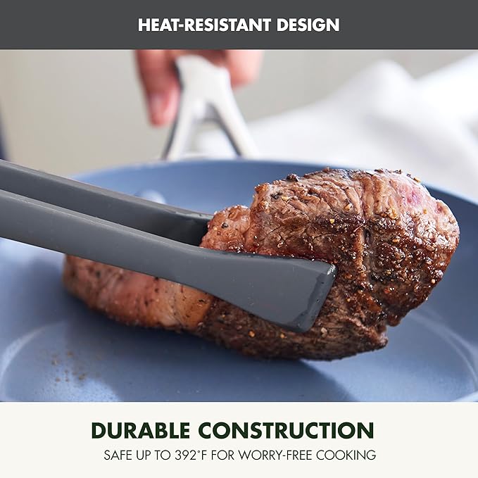 GreenPan Silicone Tong, Cooking Grilling Serving, Salad, Kitchen Utensil, Flexible Rubber Nonstick Cookware, Rigid Steel Core, Heat-Resistant, Anti-Slip Handle, BPA-Free, Dishwasher Safe, Gray