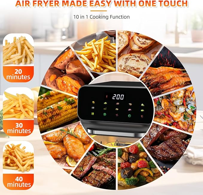 10 IN 1 Air Fryer Oven Combo, Countertop Convection Airfryer, Oven with Toaster Clear View Window for Family, 60-Minute Timer, Digital LED Touchscreen, Automatic Shut-Off, Stainless Steel