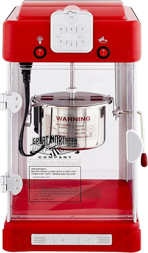 Pop Pup Popcorn Machine - 2.5oz Popper with Stainless-Steel Kettle, Serving Tray, Warming Light and Accessories by Great Northern Popcorn (Red)