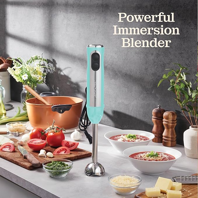 Powerful Immersion Blender, Electric Hand Blender 500 Watt with Turbo Mode, Detachable Base. Handheld Kitchen Blender Stick for Soup, Smoothie, Puree, Baby Food, 304 Stainless Steel Blades (Aqua)