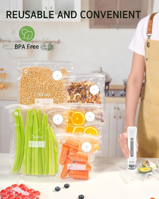 Syntus Vacuum Sealer Bags for Food, 30 Pcs Small Size 8" x 10" and Medium Size 10" x 13.8" Food Storage Bags for Sous Vide Cooking Microwave Heating, Air Valve Zipper Bags & Zip Clips