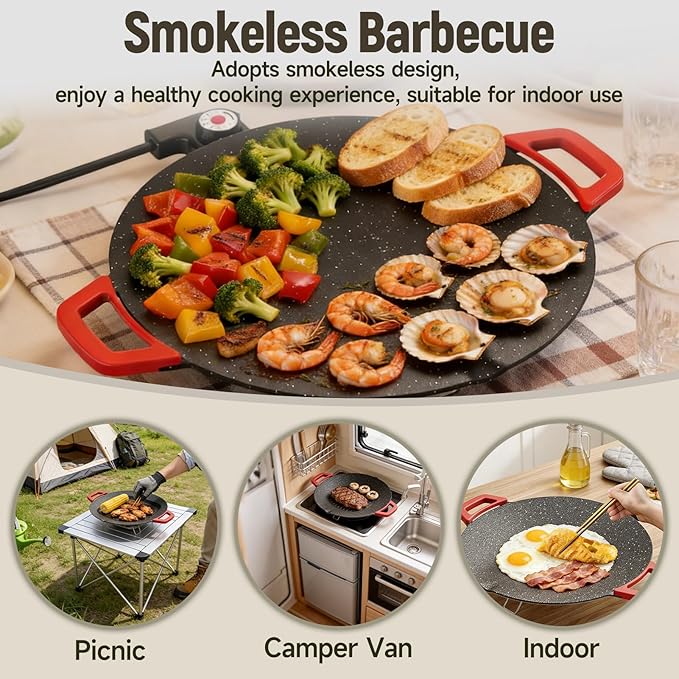 Non-Stick Electric Indoor Grill Pan, Large Round Electric Griddle & Smokeless Korean BBQ Grill Indoor - fast heating, portable, for burgers, pancakes & stovetop use (Large)