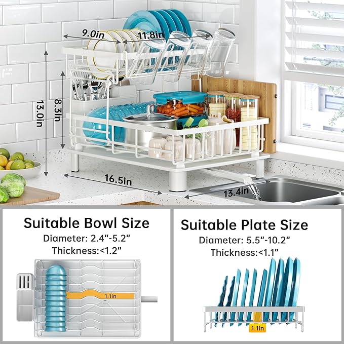 Dish Drying Rack, 2 Tier Dish Racks for Kitchen Counter, Compact Dish Drainer Rack, Detachable Dish Rack with Drainboard, Utensil Holder, Cup Holder for Small Space - White