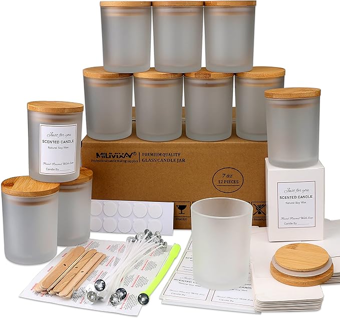 MILIVIXAY 12 Pack 7 OZ Frosted Glass Candle Jars with Lids and Candle Making Kits - Bulk Empty Candle Jars for Making Candles - Spice, Powder Containers.
