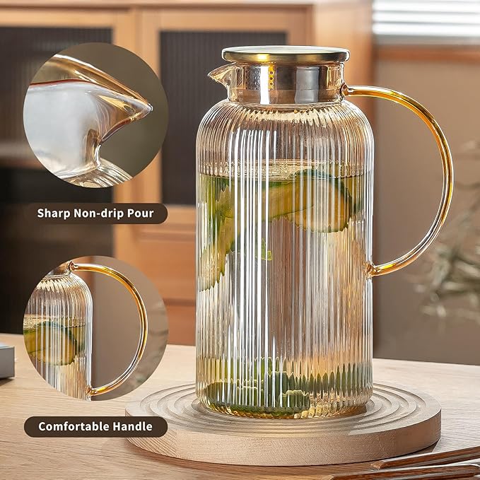 Buaic 2 PACK Glass Pitcher with Lid, 68 oz/ 2 Liter Amber Classic Vertical Stripes Water Pitcher,Glass Water Carafe for Cold Brew, Coffee, Lemonade, Iced Tea,Beverage, Heat Resistant Water Glass Jug
