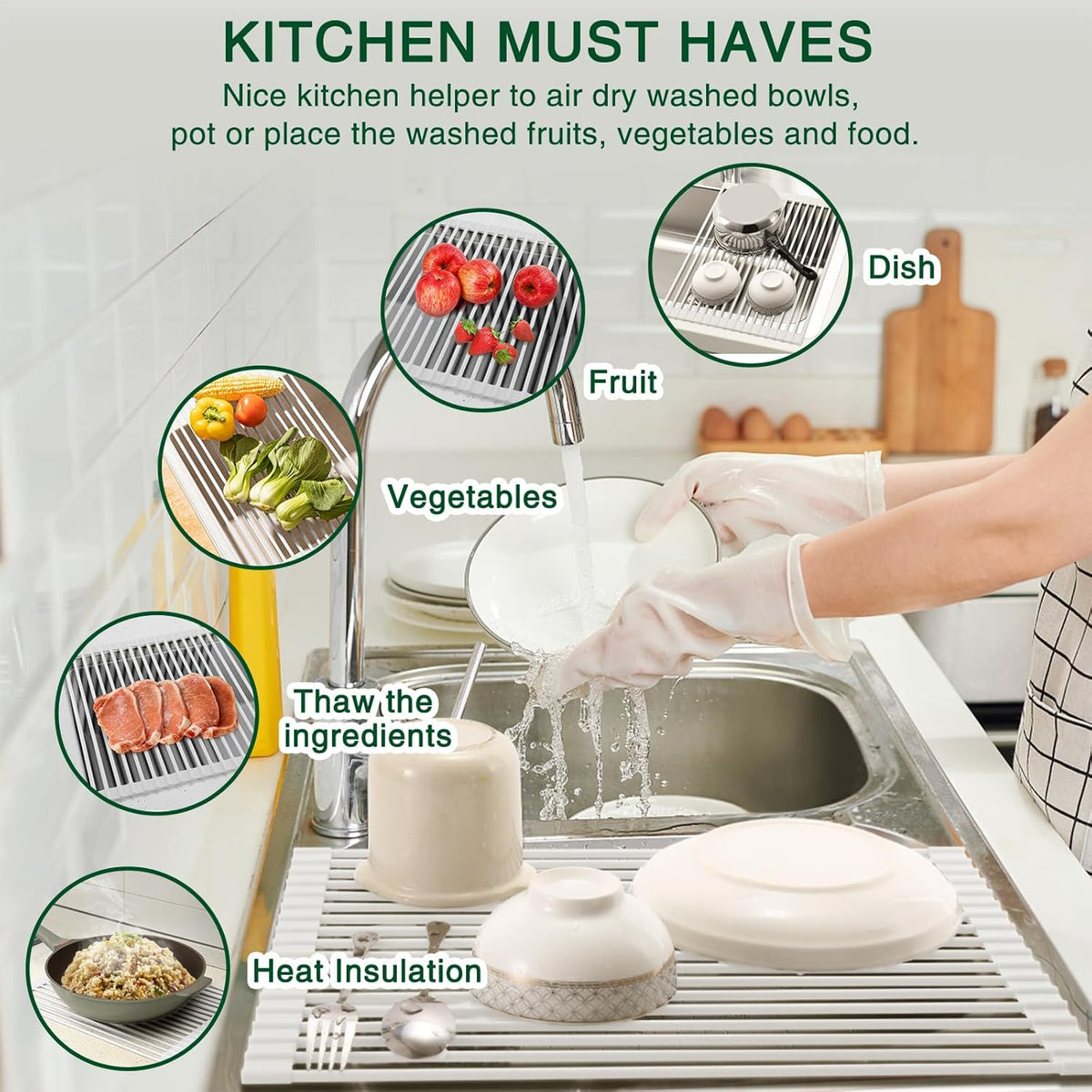 Roll Up Dish Drying Rack Over The Sink Kitchen Roll Up Sink Drying Rack Multipurpose Foldable Sink Drying Mat, Heat-Resistant, Anti-Slip & Anti-Rust Dish Rack for Kitchen, 17" x 13", White