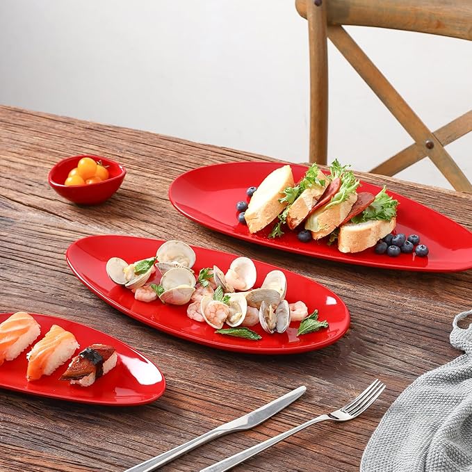vicrays Large Oval Serving Platters, 16"/14"/10" Porcelain Serving Platters for Party, BBQ,Stackable Serving Trays Serving Plates for Appetizers, Sushi, Restaurant, Dessert, Set of 3 (Red)