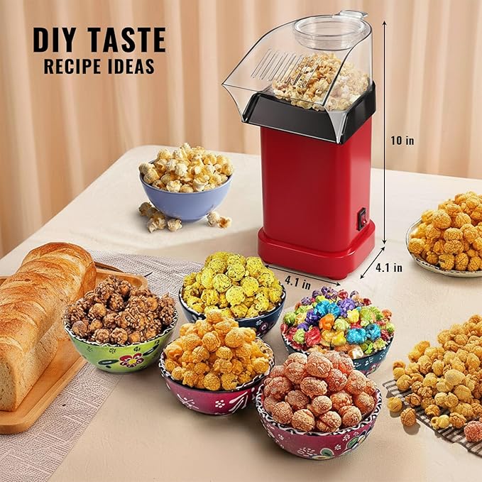 Hot Air Popcorn Popper, Mini Electric Popcorn Maker, Oil-Free Air Popper Up to 8 Cups in Minutes, Measuring Cup Butter Melting Tray, One-Touch Switch, Easy 1-2-3, Movie Night, Dorm(Red)