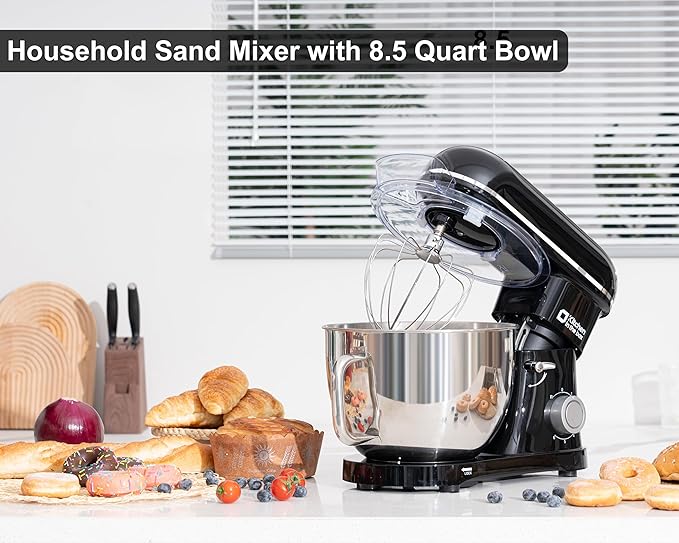 Kitchen in the box Stand Mixer - 8.5 Quart Mixing Bowl with Handle, 900 Watt Heavy Bread Dough Standing Mixers Tilt-head with Dough Hook, Whisk, Flat Beater and Splash Guard (Black)