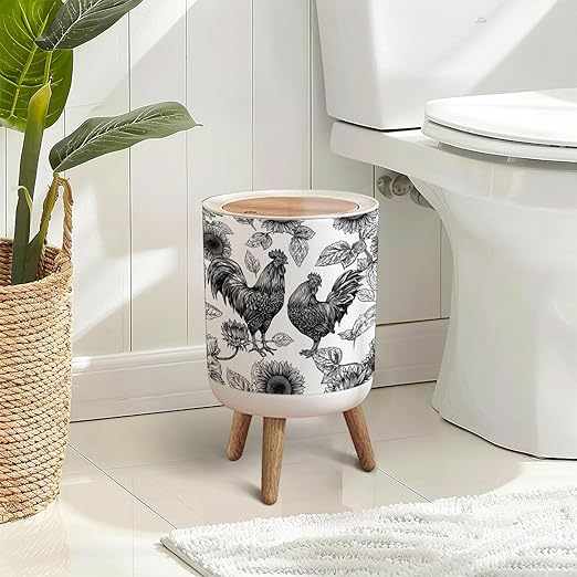 Trash Can with Lid Intricate Black White Roosters Sunflowers Press Top Round Small Garbage Bin with Wooden Legs Waste Basket for Kitchen Bedroom Nursery 7L/1.8 Gallon