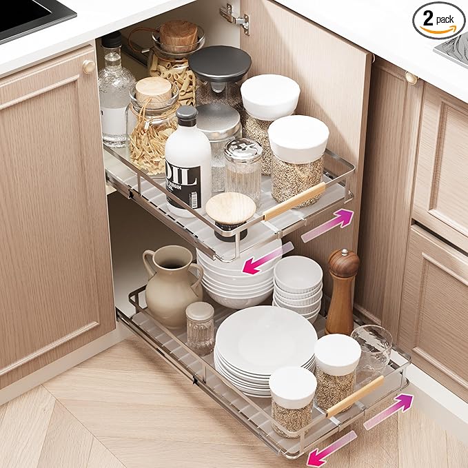 SUZLON Pull Out Cabinet Organizer, Expandable(10.2"~16.4") Cabinet Drawers Slide Out, Adjustable Width Roll 0ut Shelf Cabinet Organizer for Kitchen Base Cabinet Organization (Small, 2Pack)