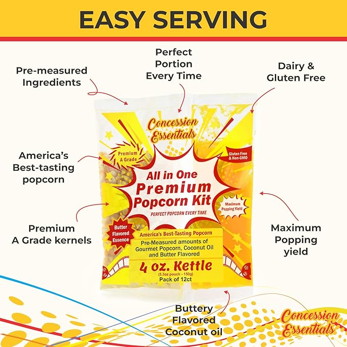 Concession Essentials 4oz Popcorn Portion Packs – Pre-Measured Kernels, Oil & Salt – Case of 12 Packs for Perfect Popcorn Every Time