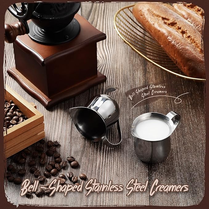 Potchen 6 Pack Stainless Steel Bell Creamers 3 Ounce Creamer Pitcher Mini Coffee Milk Pitchers with Handle and Pouring Spout Cups for Serving Espresso, Tea, Milk, Maple Syrup, Sauce