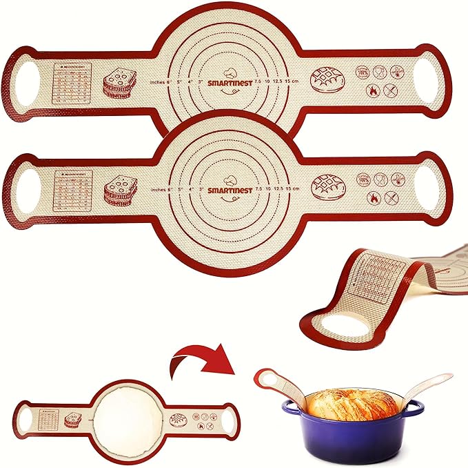 Sourdough Silicone Bread Sling for Dutch Oven, 2PCS Non-Stick Reusable Baking Mat with Long Handles, Essentials Bread Making Supplies for Dough Transfer and Loaf Pan Lifter Liner, Set 2Pcs Round
