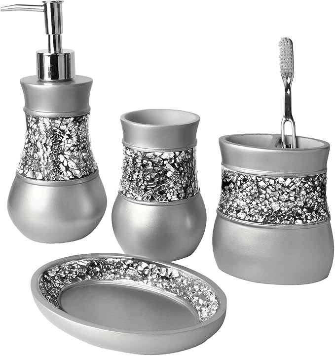 Creative Scents Crackled Glass Silver Bathroom Accessory Set – 4-Piece Vanity Set Includes: Lotion Soap Dispenser, Toothbrush Holder, Tumbler, and Soap Dish