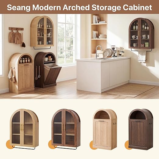 Arched Tilt-Out Trash Can Cabinet Set of 2,Laundry Hamper Cabinet with Foldable Laundry Basket,Wooden Hidden Garbage Can Cabinets with Metal Handle & Hooks,Natural
